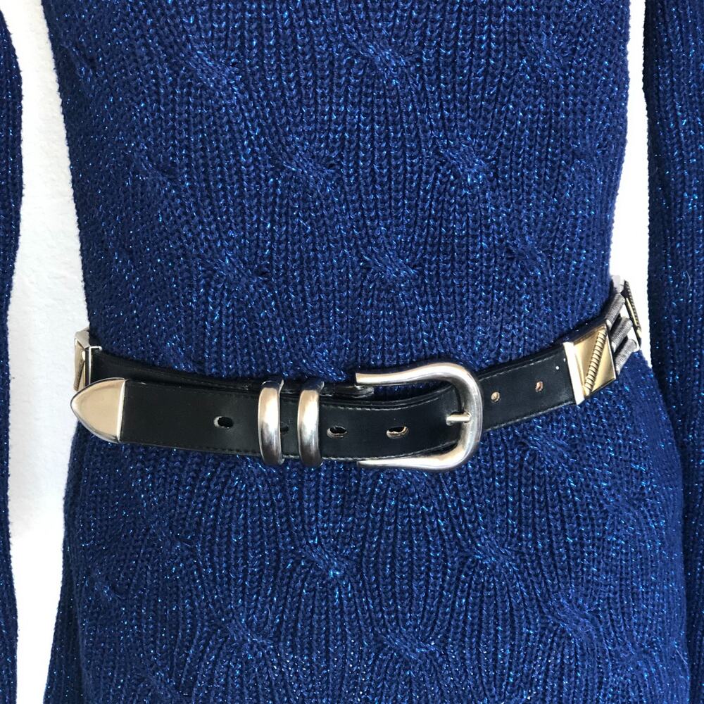 Black Leather Belt Muti-Strand Metal Western Style